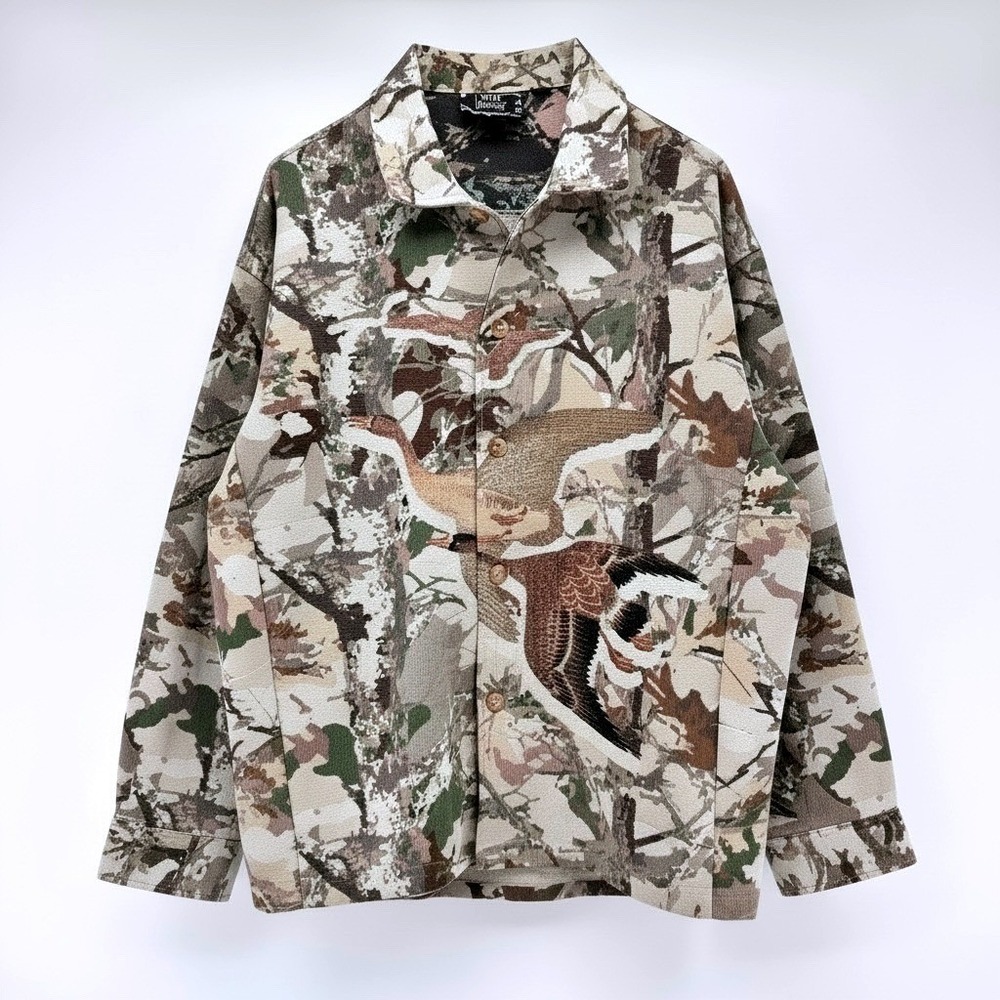 Rebel Vengeance Tapestry Jacket Mens Large Camo Duck‎ Print Button Up Shirt NWT